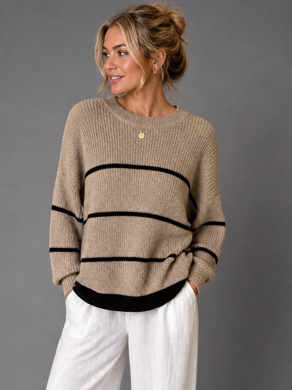 Beige Knit Sweater with Black Stripe Detail size M